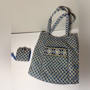 Vera Bradley Retired Rivera Blue‎ Curvy Tote Women’s Shoulder Bag Wallet Yellow